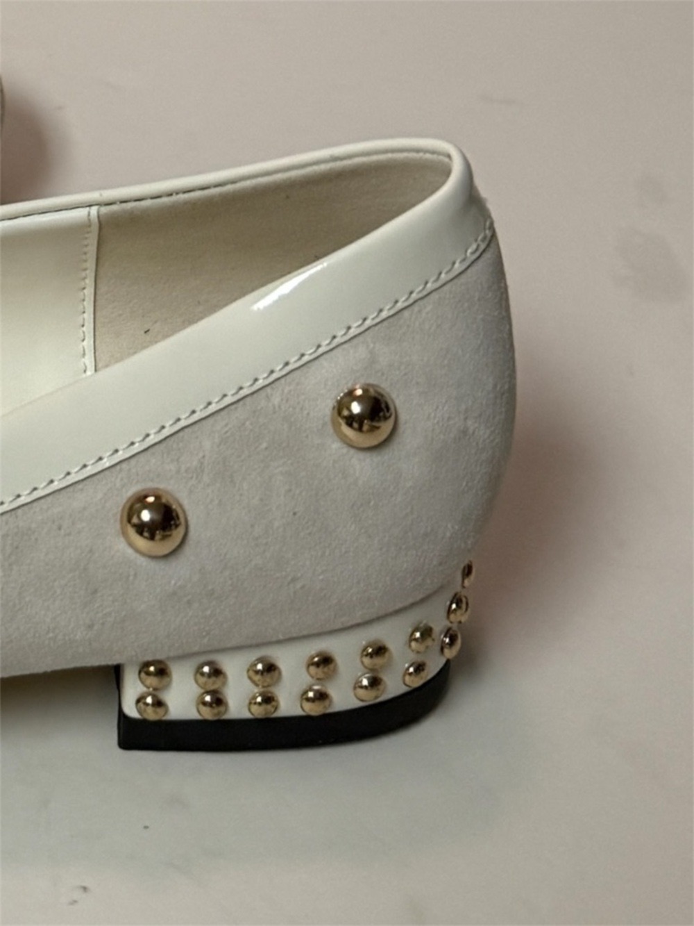 Cream Suede Bow Flats with Studded Heel - Picture 2 of 7